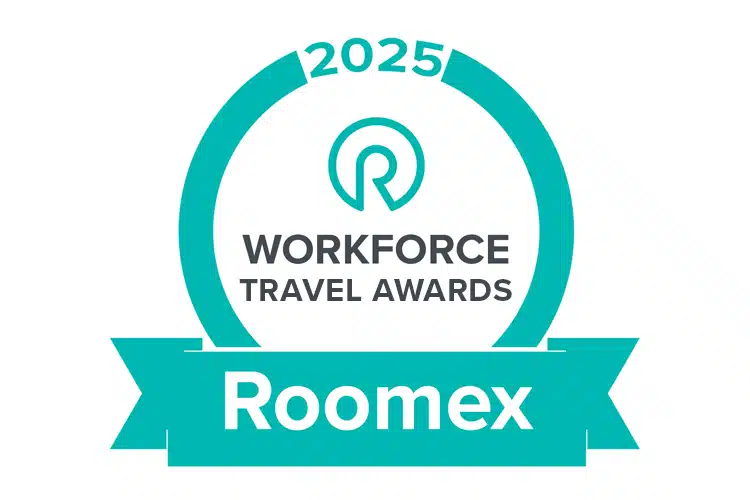 Logo of the 2025 Workforce Travel Awards by Roomex